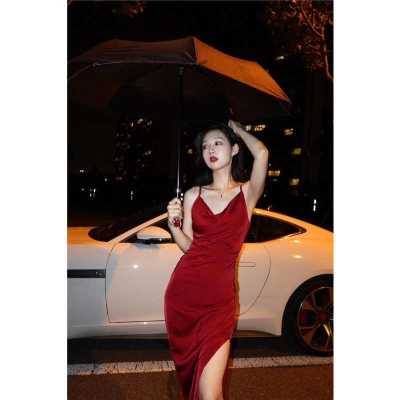 midi dress korea french red over-the-knee slip dress midi high waist skirt