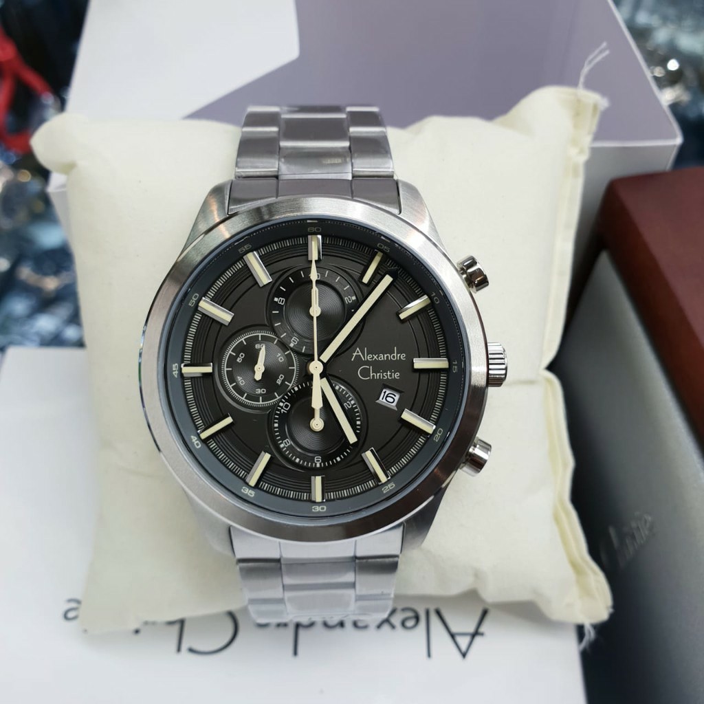 Jam tangan original Alexandre christie AC 6561 pria stainless steel silver hitam