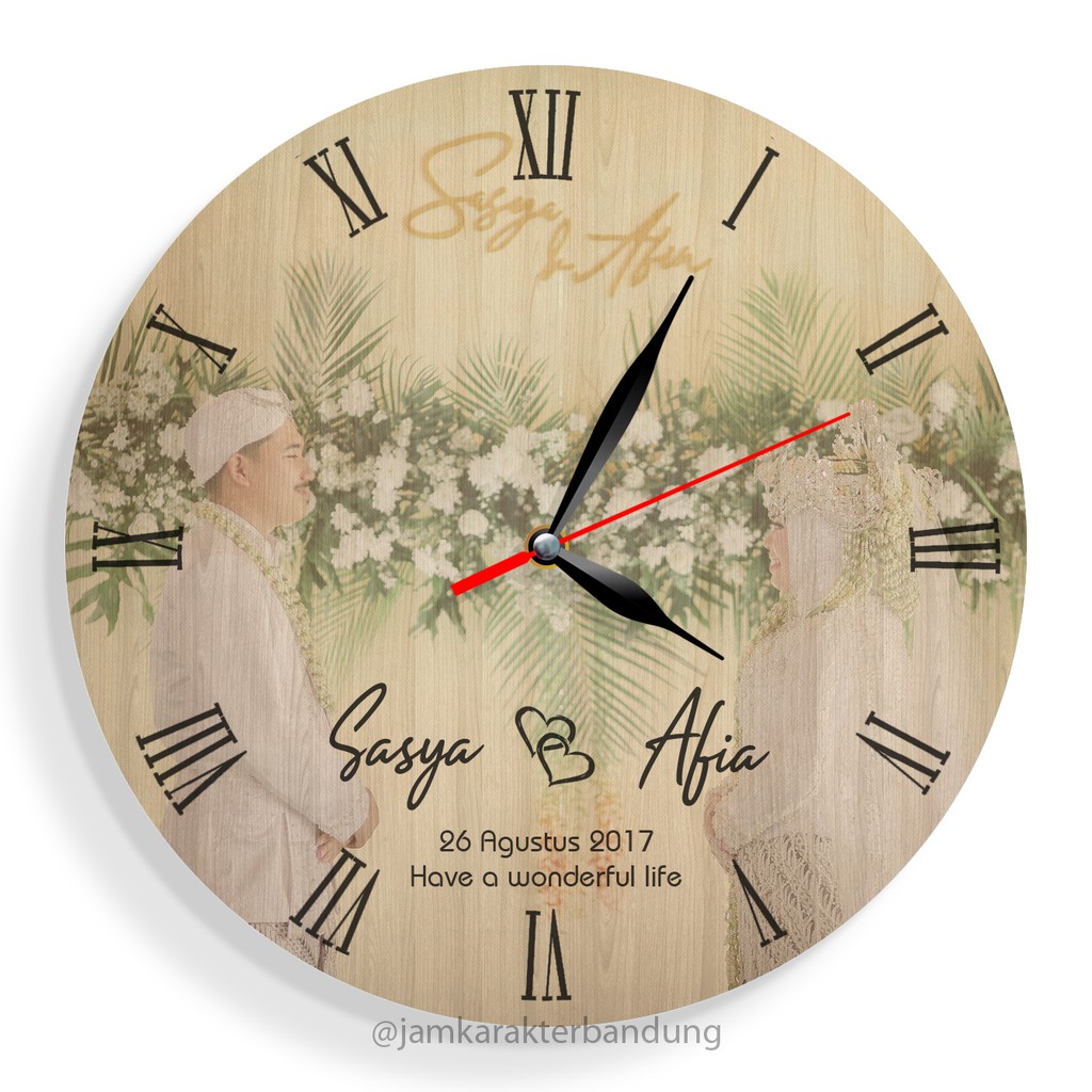 JAM DINDING KAYU CUSTOM NAMA FOTO HADIAH PERNIKAHAN UNIK KADO NIKAH NIKAHAN WEDDING ULANG TAHUN LUCU-Custom Foto - 20 cm