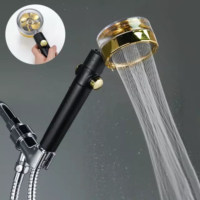 Turbo Fan Hitam Gold Shower Head Water Saving High-Pressure Rainfall Propeller ABS Jet Shower Head 360 Rotation Toilet Bathroom Accessories