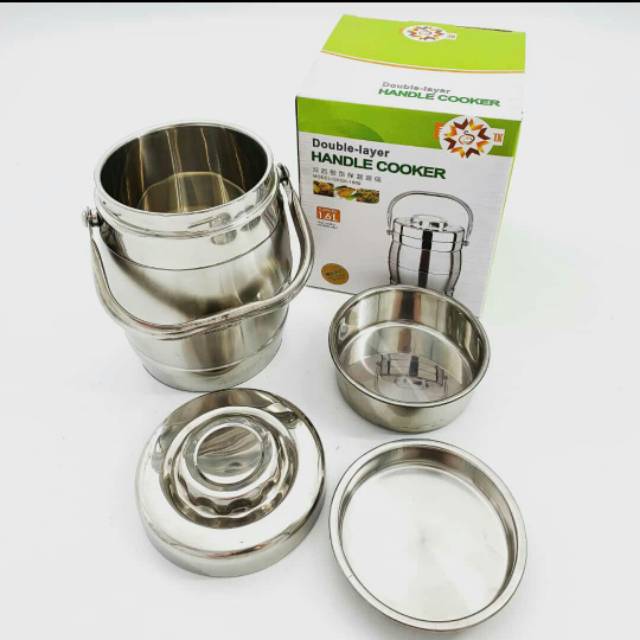 Double layer handle cooker 1,4L / rantang stainless / Tempat nasi stainless / tempat bekal 1,4Liter