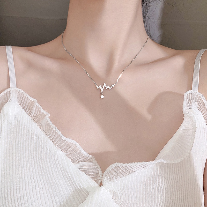Papaozhu Korea s925 Perak Bersinar Zirkon Gelombang Detak Jantung Liontin Kalung Untuk Wanita Perempuan Elegan Klavikula Rantai Kalung Perhiasan Aksesoris