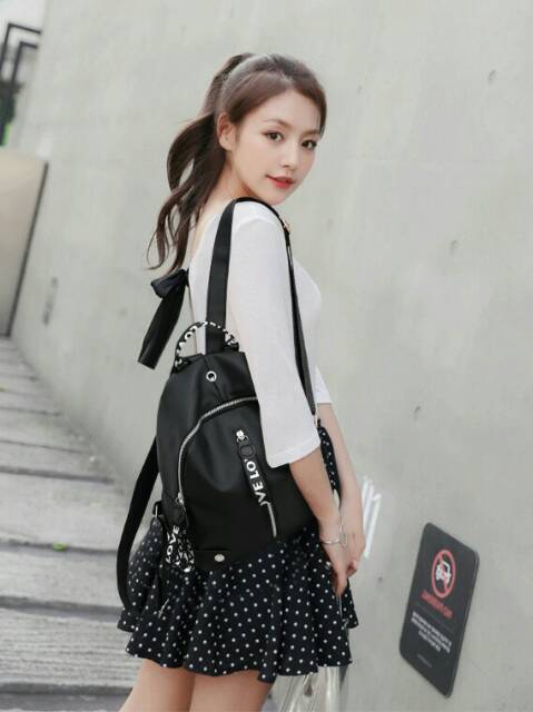 TAS RANSEL WANITA IMPORT HITAM / TAS KOREA RANSEL WANITA 2018 LOVE BLACK AND WHITE (LJY02) -