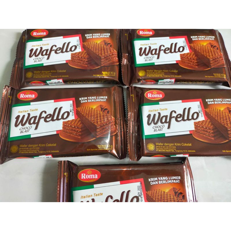 

WAFER ROMA WAFELLO CHOCO BLAST 43GR REGULAR PACK ECER PCS KEMASAN 2000