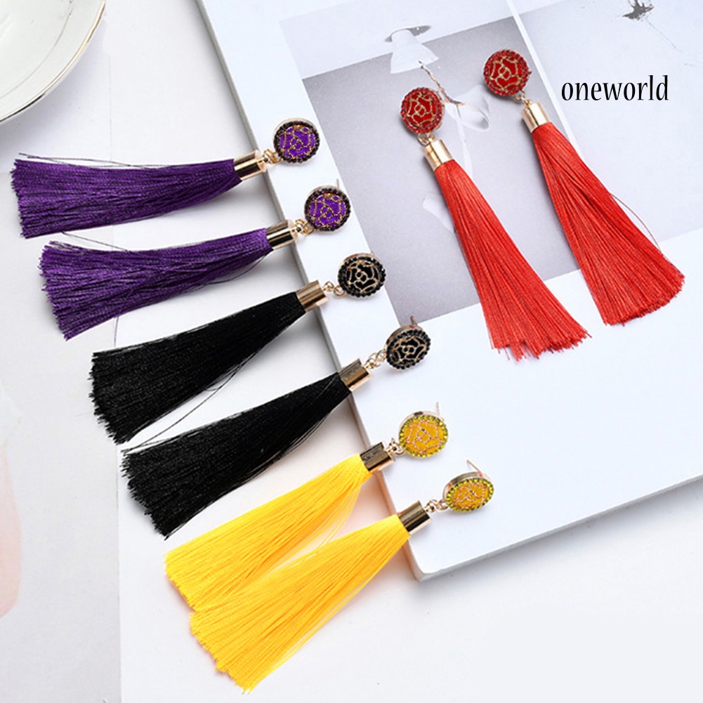 OW@ Bohemian Ethnic Flower Long Tassel Dangle Statement Earrings Women Jewelry Gift