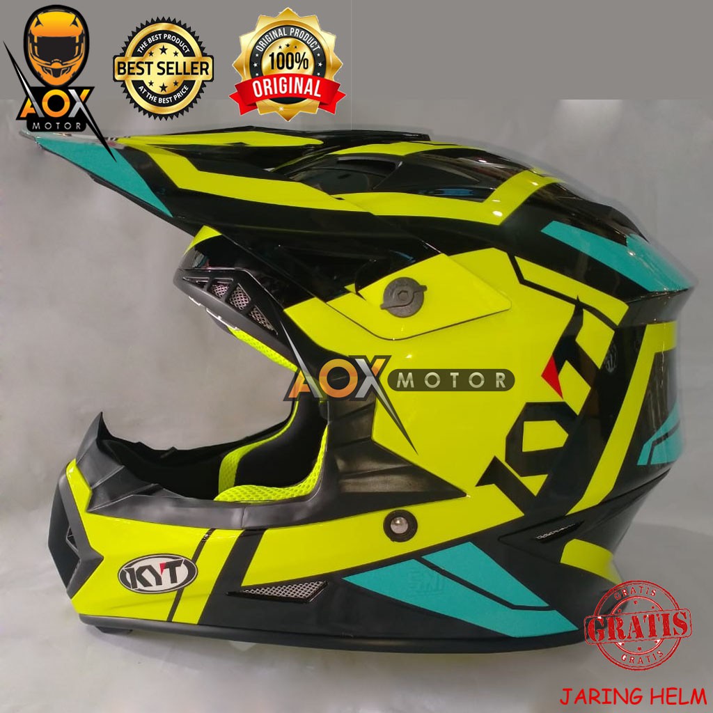 Helm KYT Cross JUMPSHOT #3 Black Yellow Fluo Aqua Blue (Ongkir 2kg), GRATIS Jaring Helm