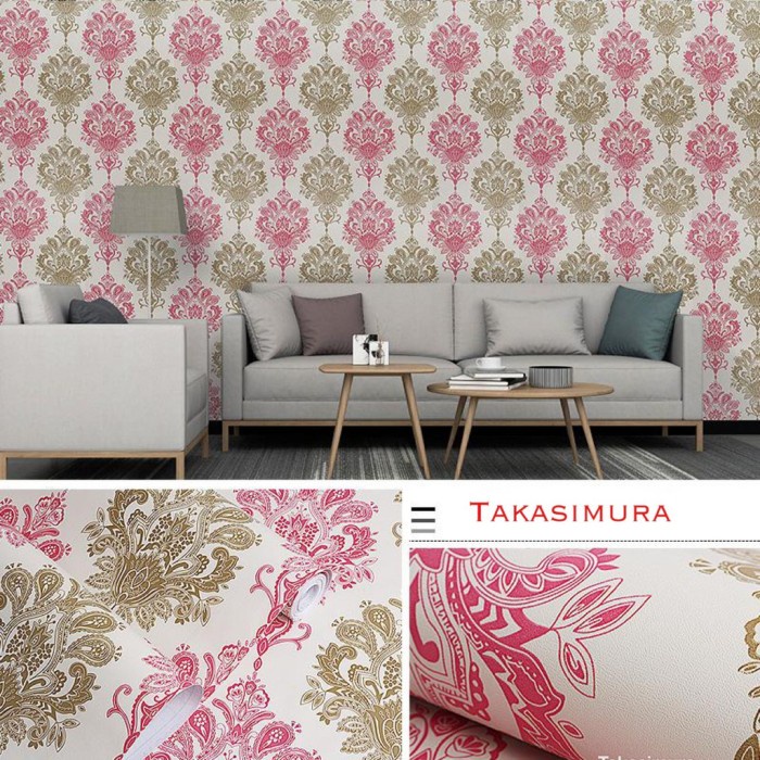 Wallpaper Dinding Stiker Motif Batik Pink Gold Ukuran 45 cm x 10 m