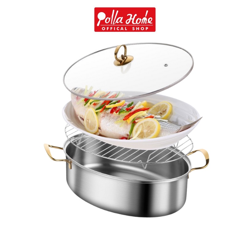 Olla Hom Panci Steamer Untuk Tim Ikan Kukusan Stainless Set Dengan Capitan Warna Merah Biru Silver