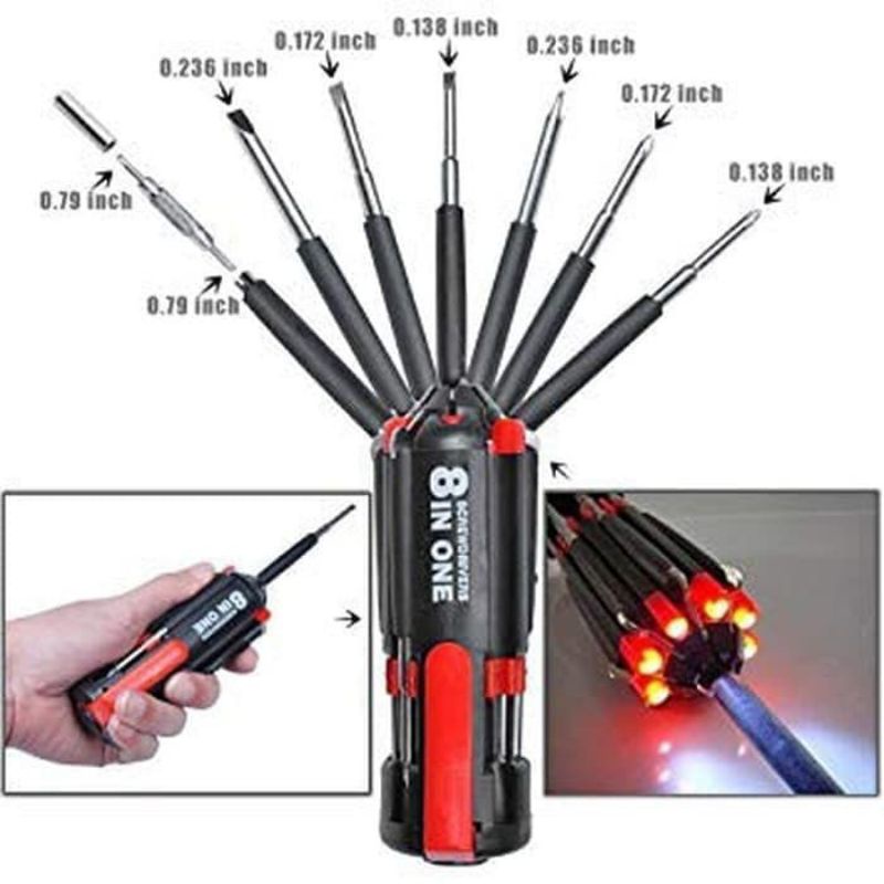 Set 8 In 1 Obeng Senter Led Bisa Dilipat Obeng Magnet Multifungsi Screwdriver