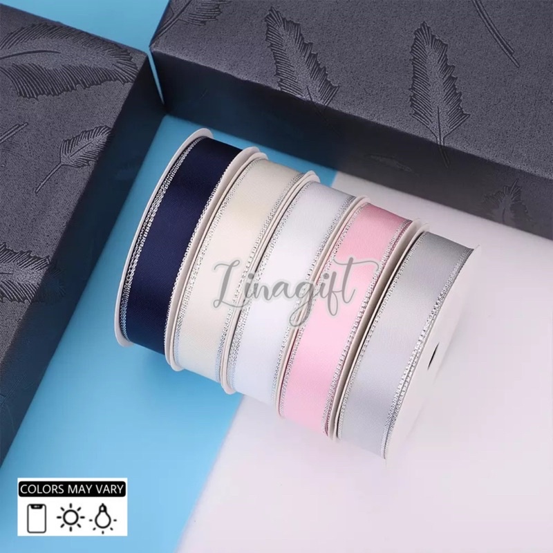 ( Rol 20 Yard ) PITA SATIN LIST PERAK 1/2IN / PITA KADO SATEN LIS 0,5 INCH / SATEEN SILK RIBBON SILVER EDGE 1,2CM