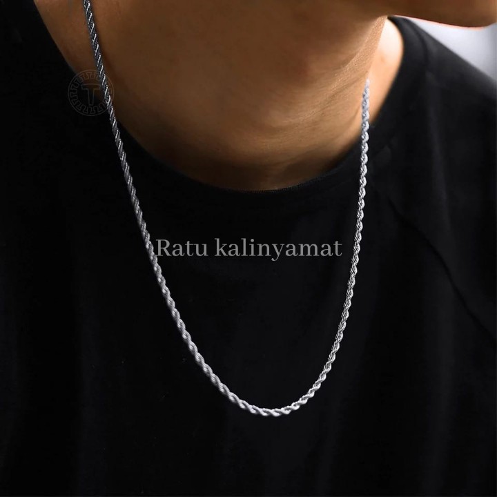 Kalung Titanium Pria Wanita Anti Karat Original Silver Perak Cowok Cewek Stel Tambang Keren Laki