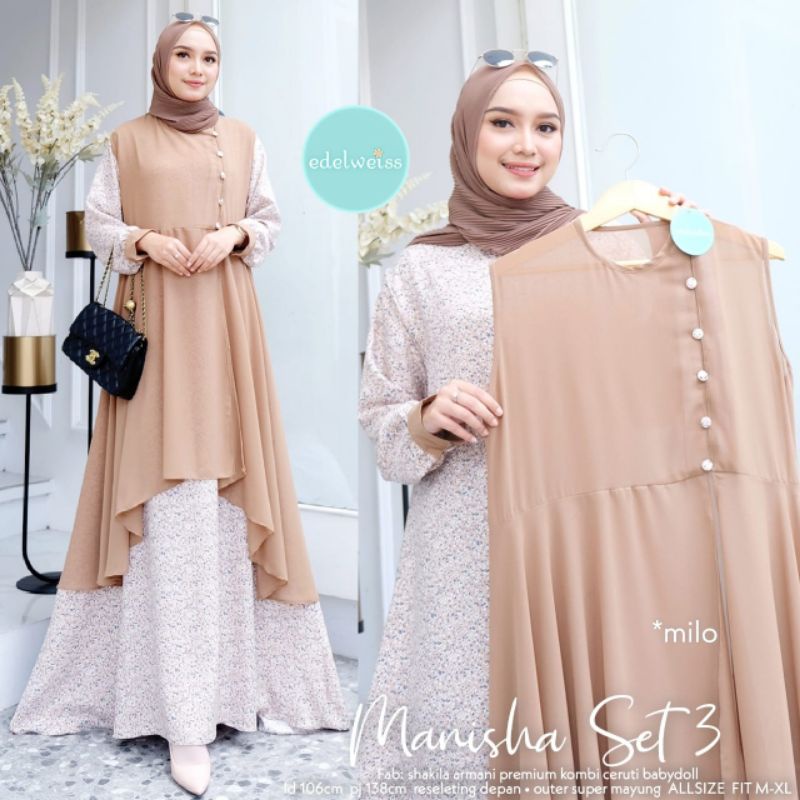 SETELAN GAMIS SHAKILA PREMIUM + OUTER CERUTI MANISHA SET 3 BY EDELWEISS