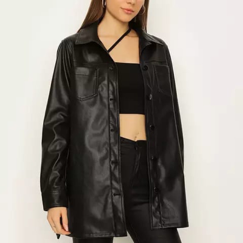 Jaket kulit wanita / Leather jacket Mode Kameja Tali Pinggang