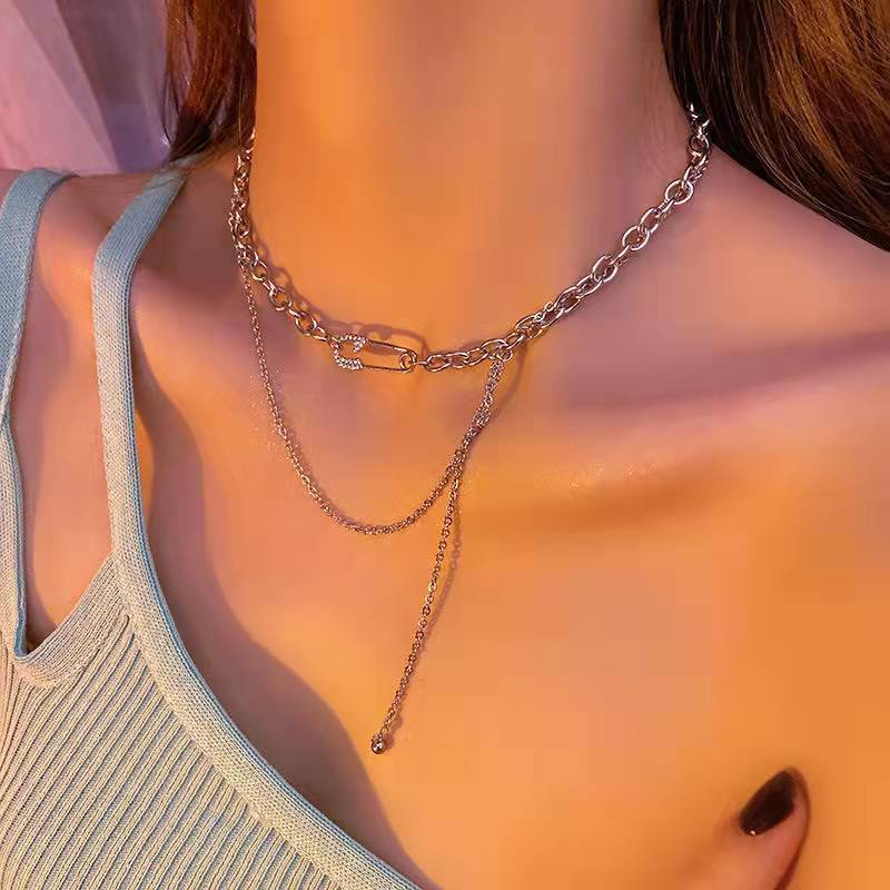 Kalung Rantai Klavikula Model Lapis Ganda Gaya Hip Hop Untuk Aksesoris