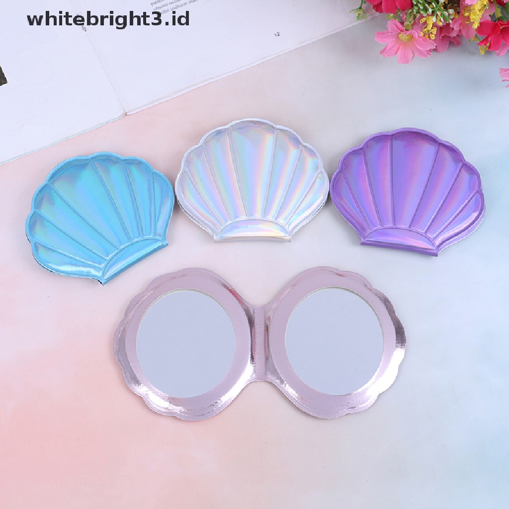 (whitebright3.id) Cermin Kosmetik / Makeup Dua Sisi Bentuk Kerang Laut Bahan Kulit PU