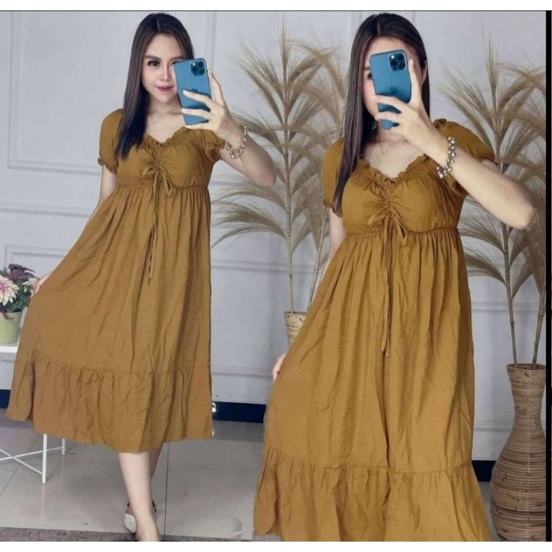 Daster Elsa Serut Dada Polos Lengan Pendek Terbaru Kekinian Murah Bahan Adem Rayon