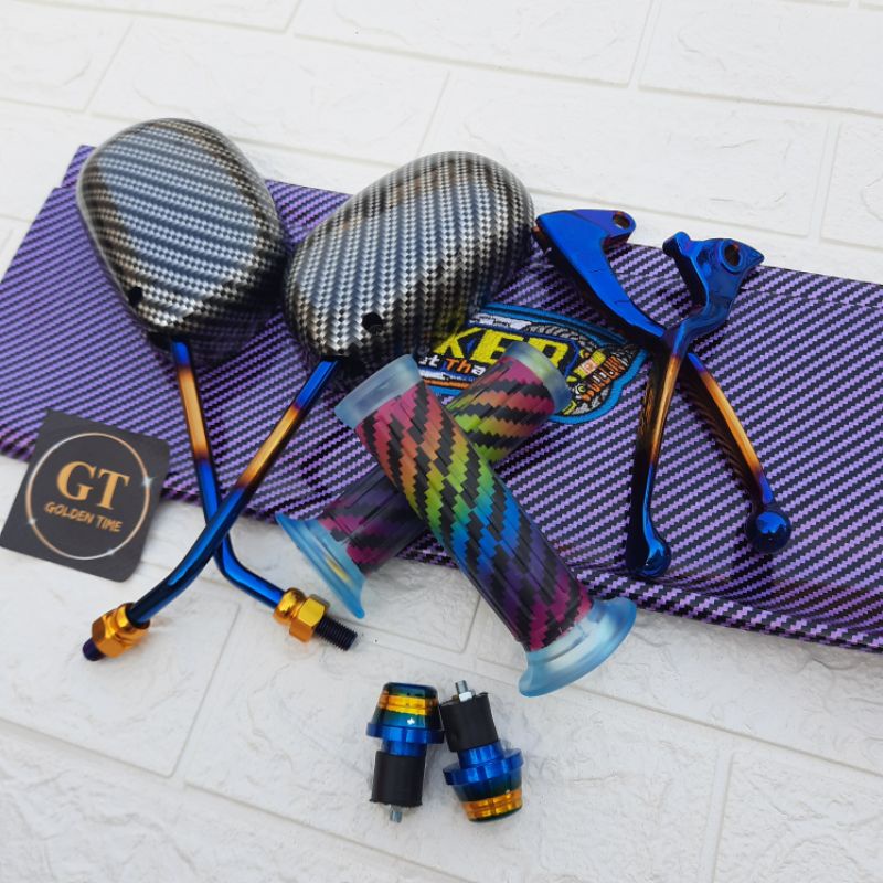 Kulit Jok Ungu + Handgrip Pelangi + Jalu Stang ~ Handle Rem Mio ~ Spion Mio Karbon TWOTONE