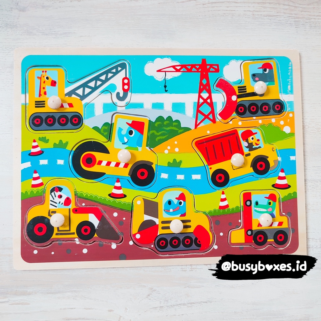 [busyboxes.id] Mainan Edukasi Mencocokan Kendaraan Konstruksi Alat Berat Puzzle Kayu Puzzle Knob Wooden Toys Mainan Kayu