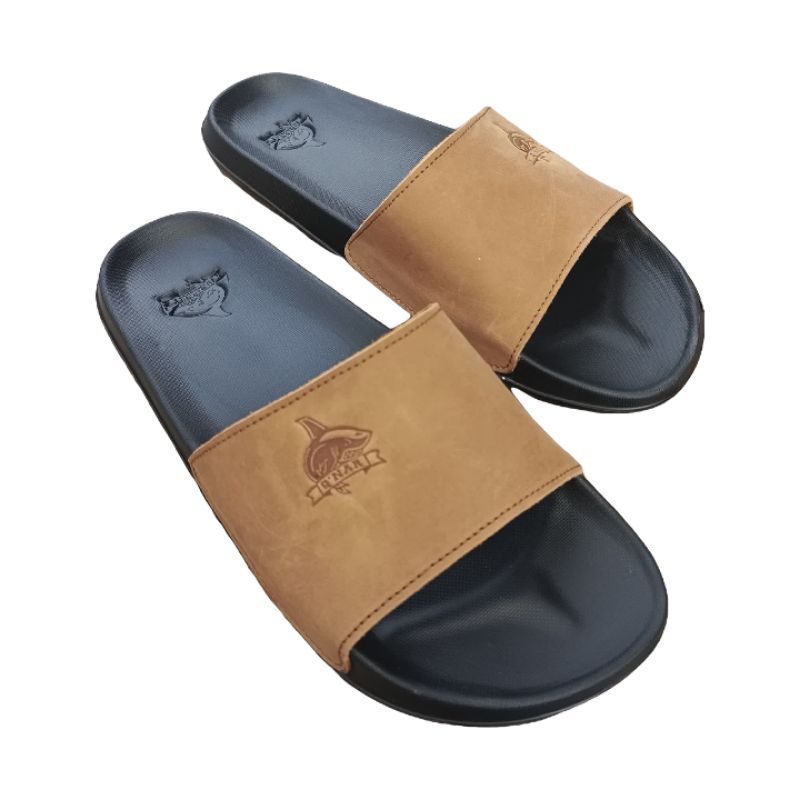 QNAR-Sendal slide pria kulit asli-Sandal slip on pria-Sandal distro pria model slip on