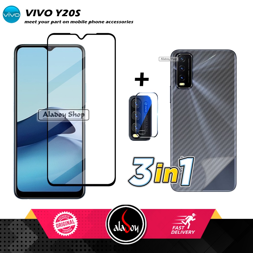 PAKET 3 IN1 Tempered Glass Layar VIVO Y20S Free Tempered Glass Camera dan Skin Carbon