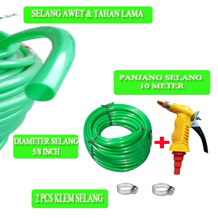 selang air  semprotan cuci motor DOP ukuran 5/8 Panjang 10 meter &amp; Kepala Semprotan air 1Pcs