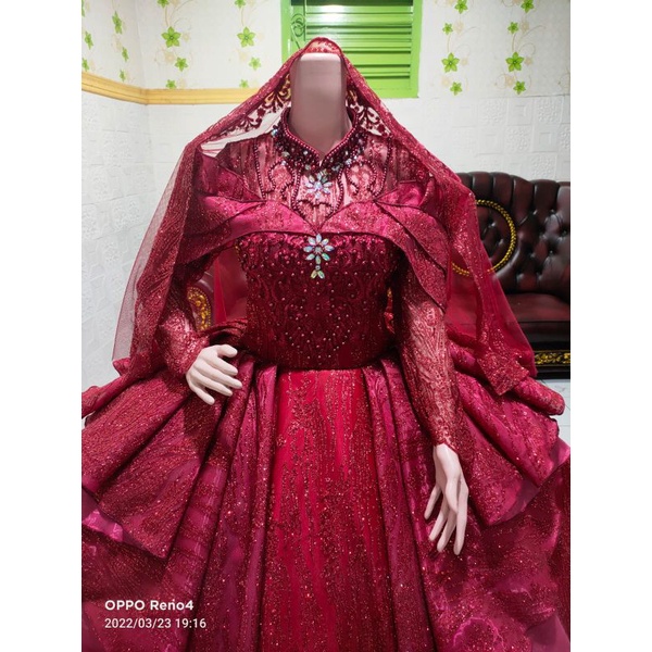 Gaun pengantin mewah+peplum+sayap dada+Payet mutiara+veil