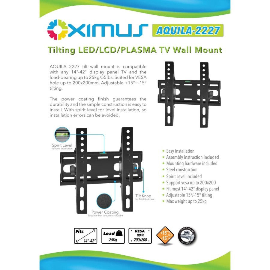 BRACKET TV LCD LED TILT WALL MOUNT TV 22 24 27 32 37 42 OXIMUS AQ 2227