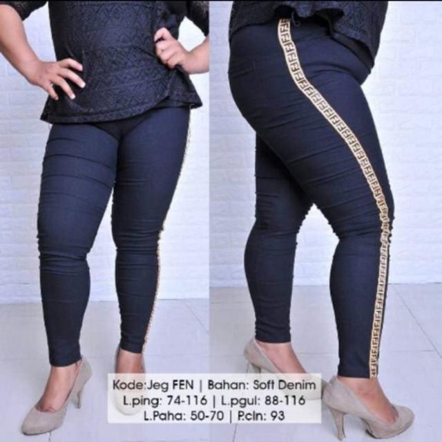 Celana Denim Big Size Tebal Lace Fendi - Hitam