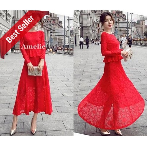 TERMURAH - Dress Import Long Gaun Pesta Lengan Lace Brukat Korea Black Red Merah Wanita Murah