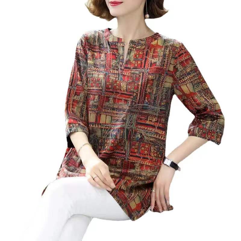 Real Foto Blus Atasan Kasual Wanita Lengan 3/4 Longgar V-Neck Bunga Silk Tops