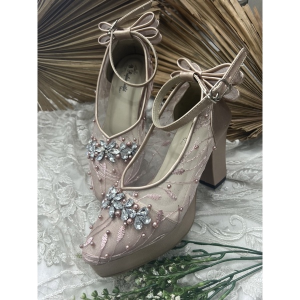 sepatu wanita wedding rosegold mingka tali 9cm tahu