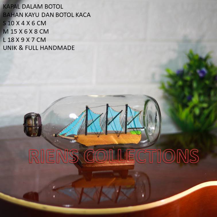 RIENS COLLECTIONS. HIASAN SOUVENIR KAPAL DALAM BOTOL UKURAN S 10 CM X 4 CM X 6 CM. OLEH OLEH JOGJA