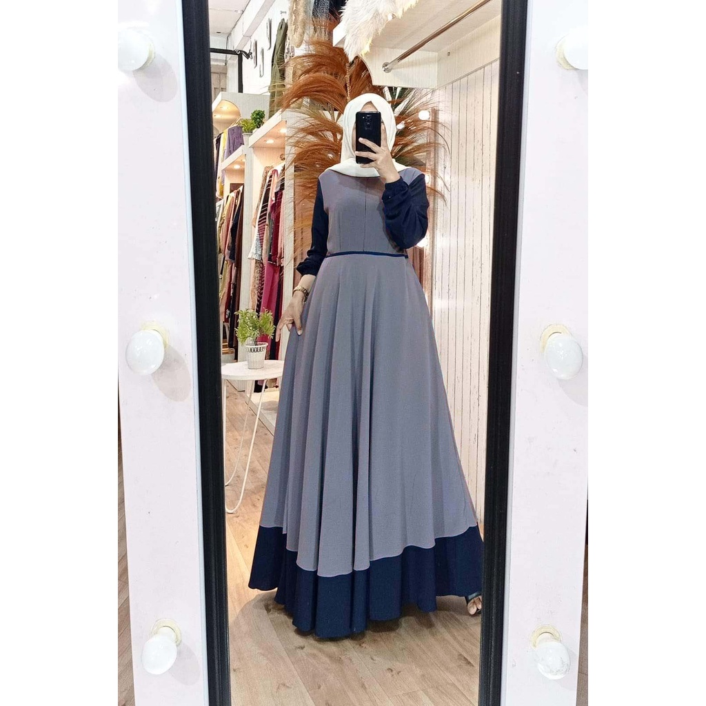 Raissa gamis terbaru | dress wanita terbaru 2021 kekinian remaja mewah | dress premium kombinasi 2 warna polos simpe elegan l cerutty babydoll mix diamond | baju gamis malaysia trand | fashion wanita terbaru | baju kondangan-Abu Navy