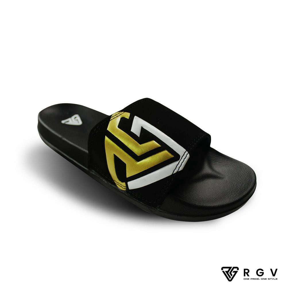 RGV - SANDAL PRIA DAN WANITA SLIDE SLIP ON SENDAL ANTI LICIN RINGAN SELOP BLACK LOGO WHITE GOLD