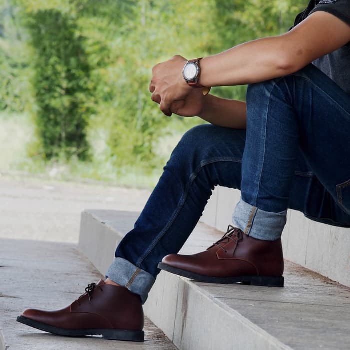 Sepatu Boots Pria kulit asli sepatu cibaduyut boots  Cokelat 38