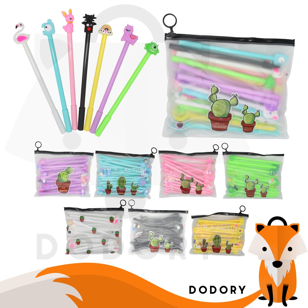 DODORY HL0078 Pena Karakter Set Pouch Isi 20 Pcs Tempat Pensil Transparan Zipper Bag