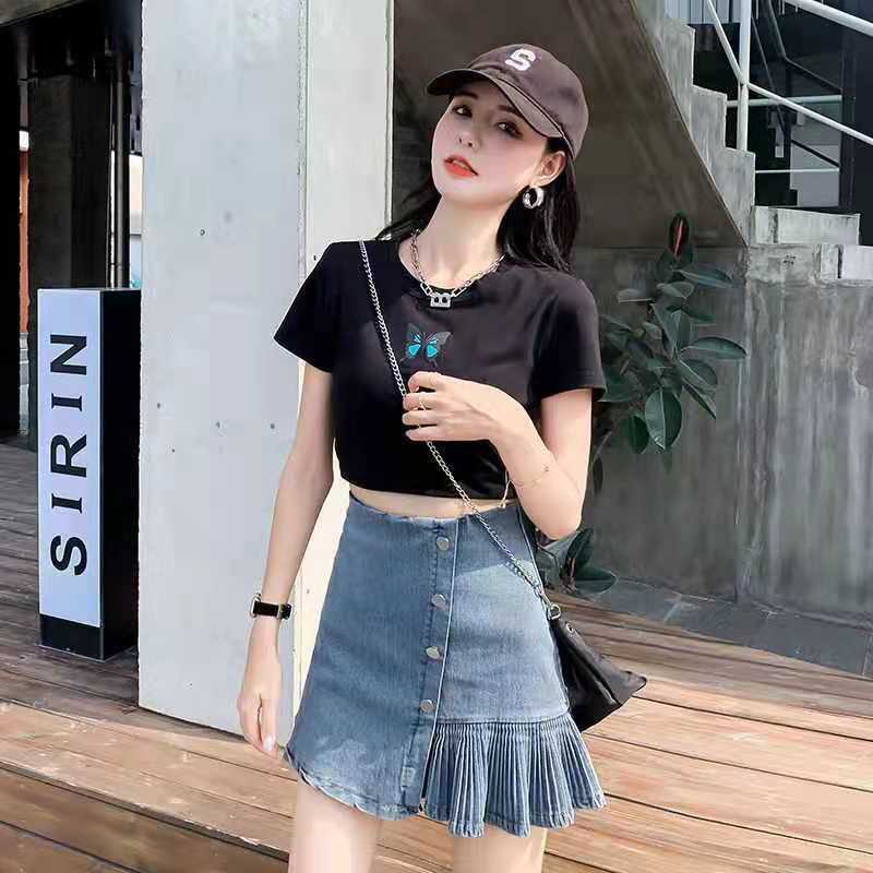 Rok denim Rok pelangsing pinggang ultra-tinggi rok dalam seperti celana rok lipit a-line wanita
