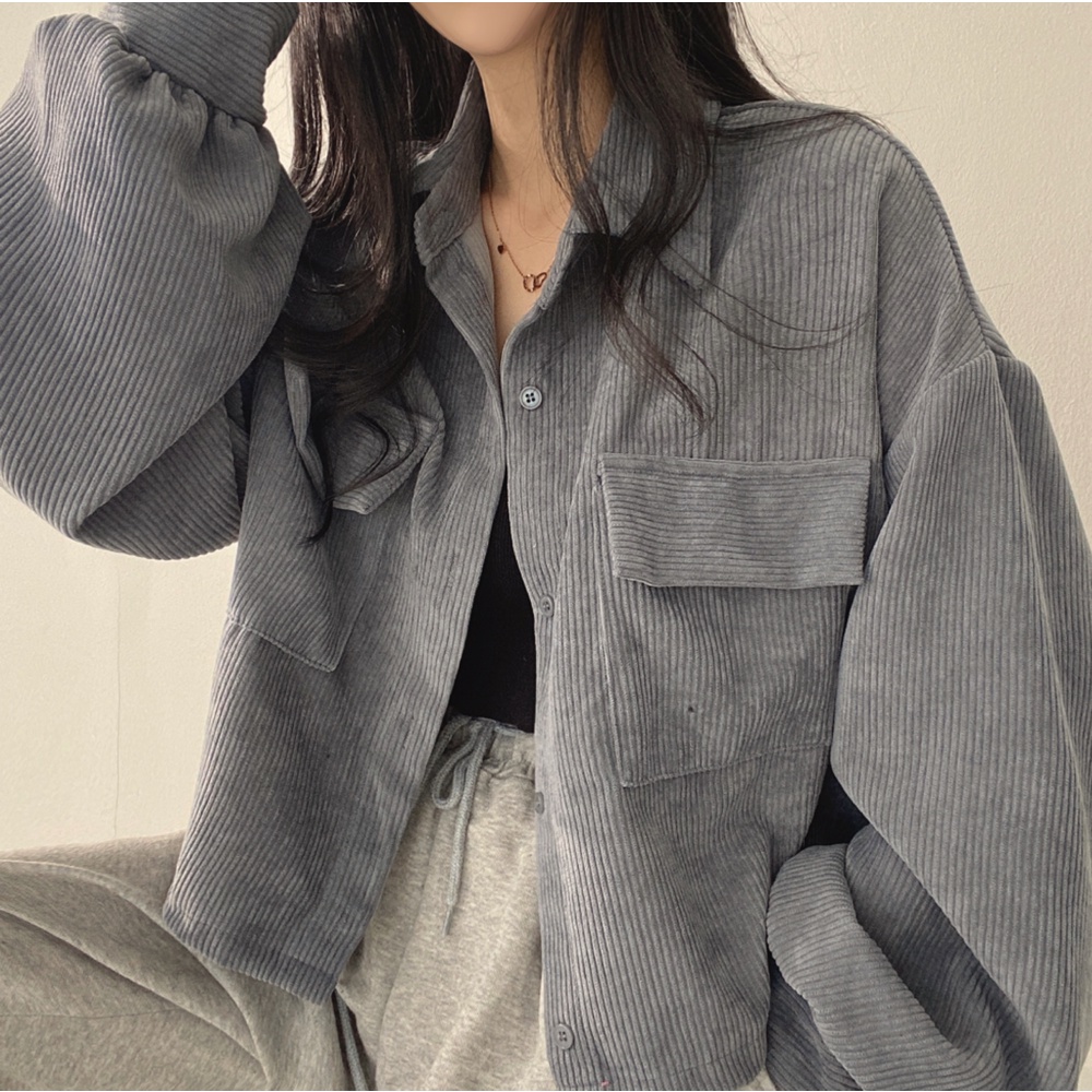 [chaoo.id]Jaket Kemeja Lengan Panjang Korduroi Retro  Loose korean style korea style Crop Jacket jaket wanita