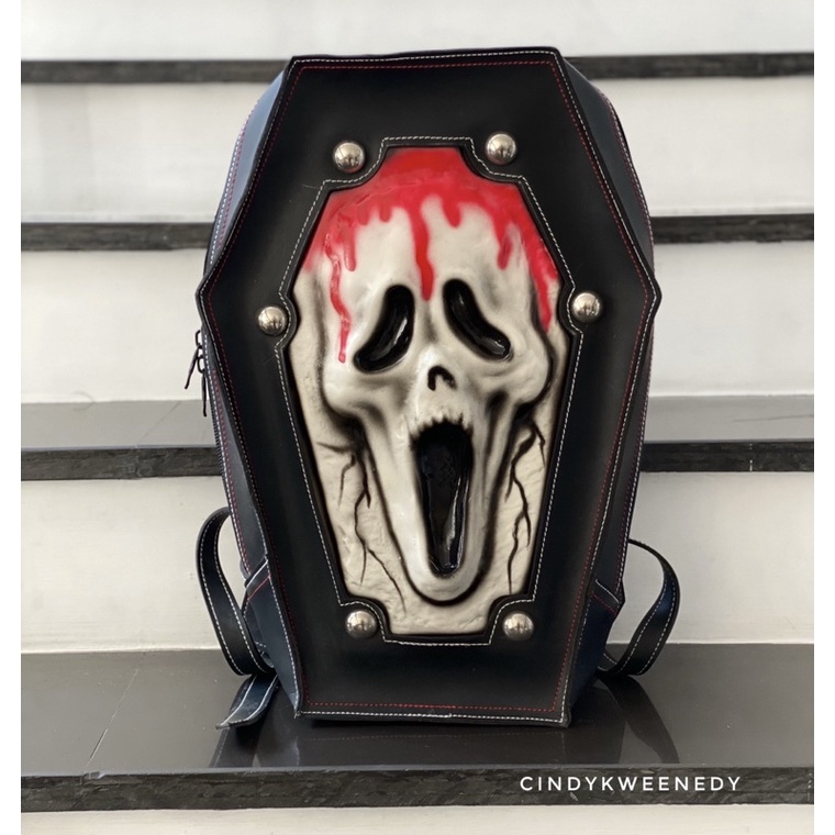 tas punggung tas ransel backpack unik motif peti tengkorak muka putih skull metal 3D adtempat laptop