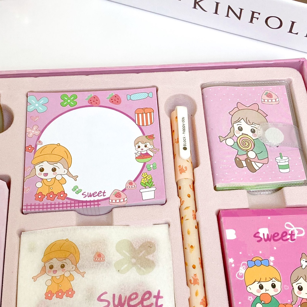 Paket Jurnal Set/Gift Box Hampers anak/Hadiah / Notebook Journal Diary / 6 in 1 Boba Alat Buku Tulis Lengkap Scrapbook Cute Girl Sanrio Cinnamoroll My Melody Kuromi Panda Peach Kelinci Duffy Cat Sweetheart Cake Shop Import Grosir Ready COD