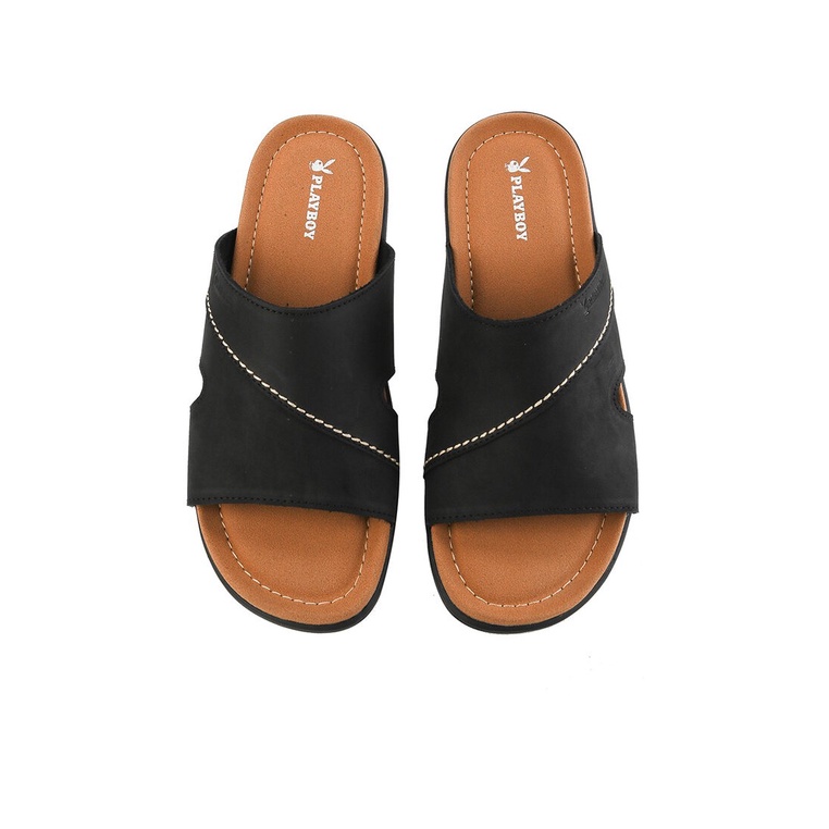 PL51 SANDAL SLIDE PLAYBOY PRIA ORIGINAL CASUAL KULIT BRANDED HITAM