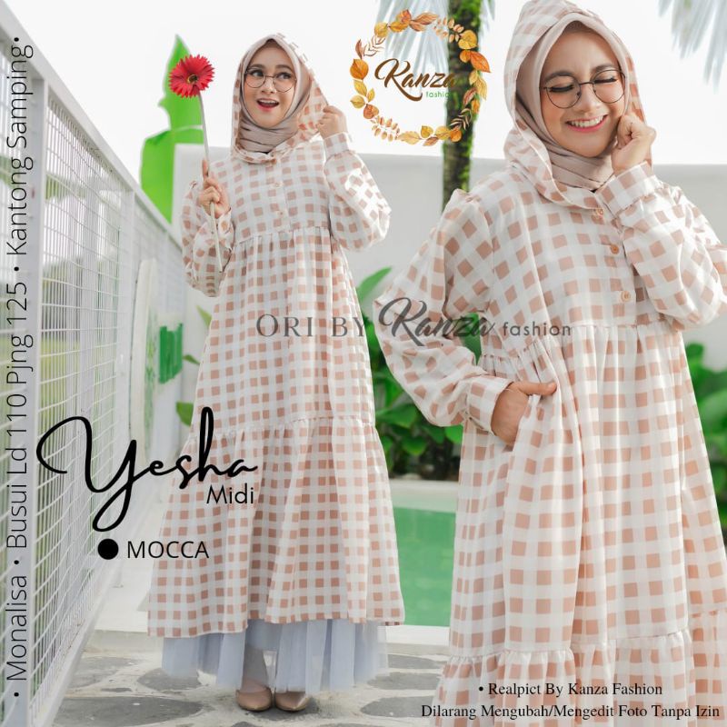 Gamis YESHA Midi ori by Kanza Motif Kotak Kotak