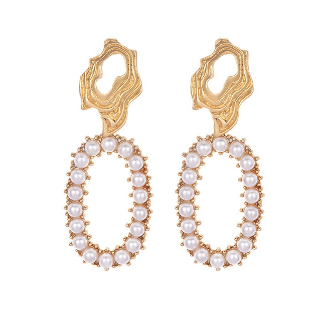 LRC Anting Tusuk Fashion Gold Alloy Pearl Round Earrings F33292