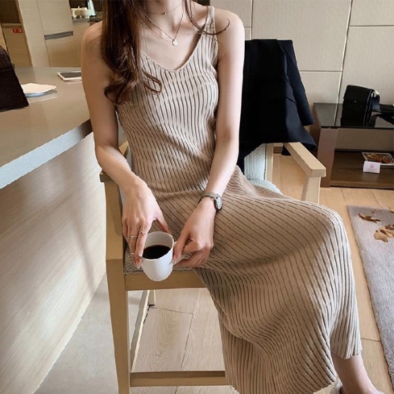 yikoo-Dress korea rajut tanpa lengan garpu belakang wanita mixi dress dres