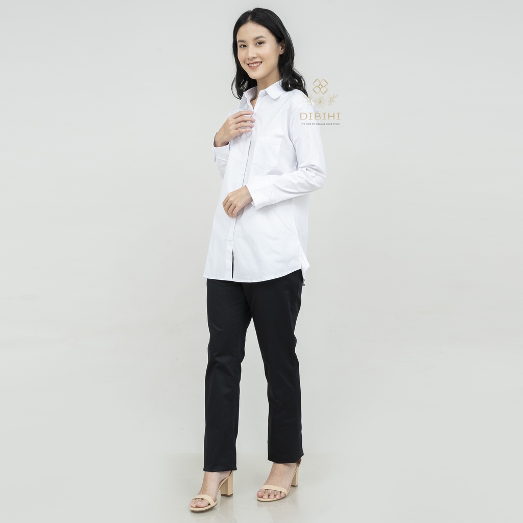 Dibihi Kemeja Putih Polos Kerja Formal Wanita Lengan Panjang Saku 1 Bahan Katun Stretch Melar