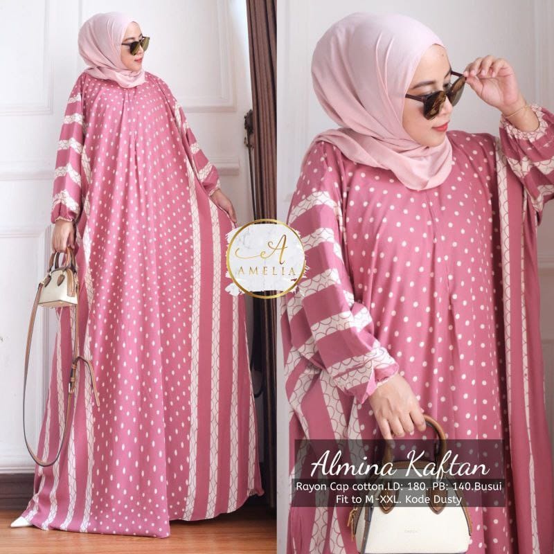 Kaftan Wanita - Almina Kaftan Jumbo XXXXL Motif Polkadiot Soft Color Busui Resleting Rayon Tebal Lengan Panjang / Gamis Rayon Jumbo Kaftan Terbaru