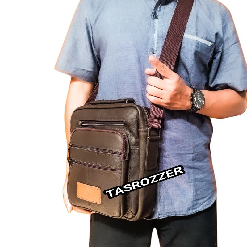 Tas selempang pria kulit asli polos model banyak saku