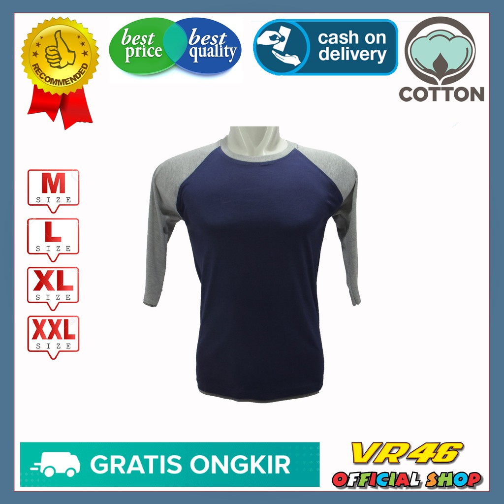 Kaos Reglan Polos Lengan 3/4 Warna Biru Navy Lengan Abu Misty Size M L XL XXL Bahan Katun 24S 80