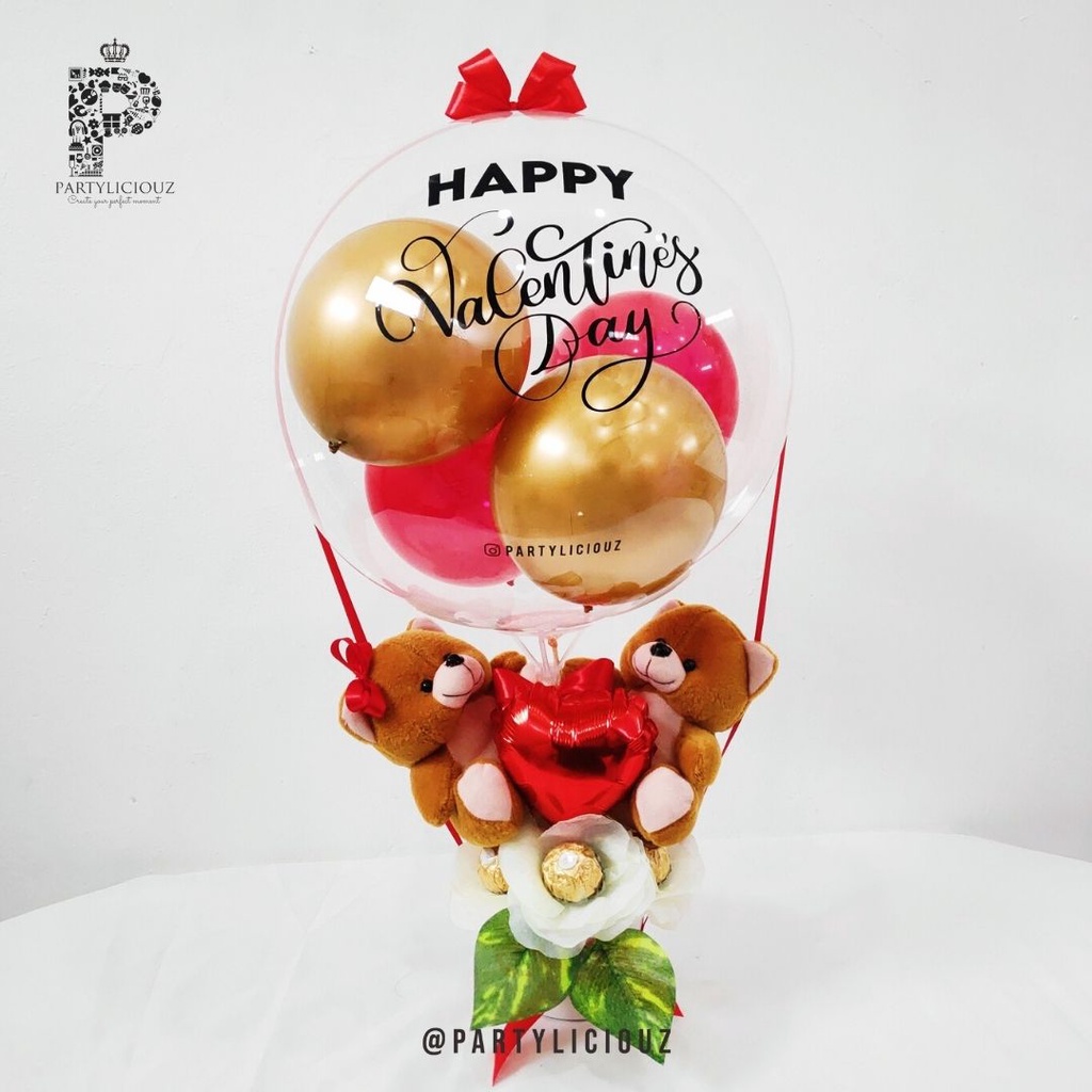 FERRERO ROSE + 2 TEDDY - BUKET BUNGA VALENTINE BALON HADIAH HAMPERS KADO BUCKET COKELAT GIFT PARCEL 