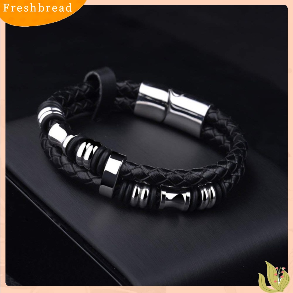 Terlaris Fashion Men Double Layer Faux Leather Braided Magnet Clasp Bead Bracelet Bangle